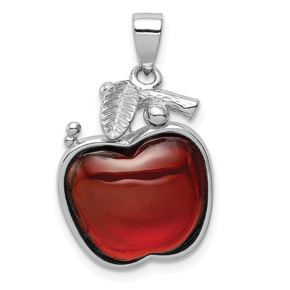 925 Sterling Silver Rhodium-plated Red CZ Cabochon Apple Necklace Charm Pendant
